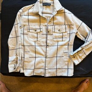 Kendall & Kylie Cream and Black Plaid Utility button up- soft and comfy